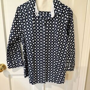 Talbots Navy and White Button Down with polkadots size 12